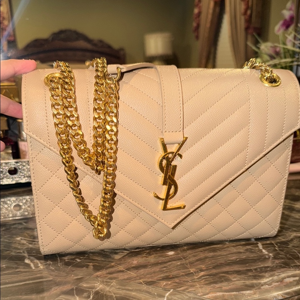 YSL envelope chain bag in dark beige